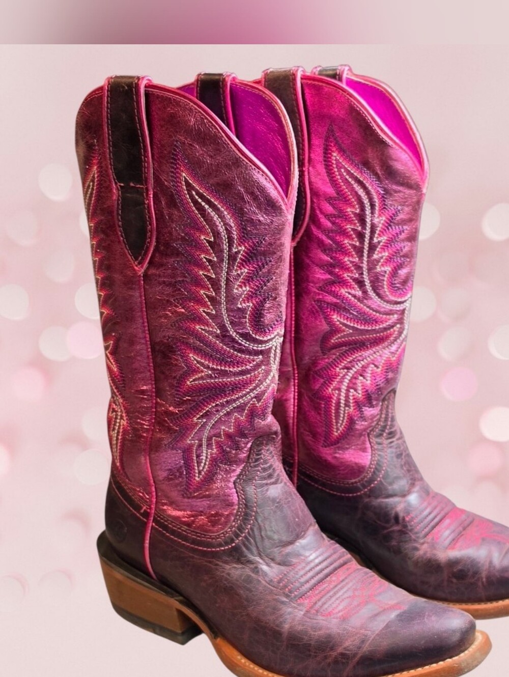 Ariat Pink metallic and brown leather Embroidered Western Heeled Boots 7 B